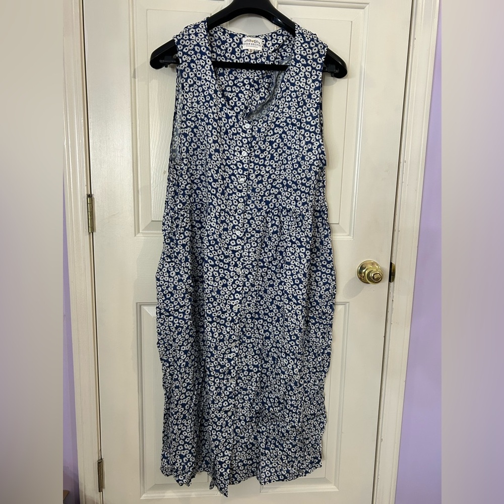 Susan Bristol Size 20W Blue Floral Sleeveless Button Front Maxi Dress EUC